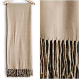 INDIGO / Soft Fleece Blanket Tassel Fringe Cream Light Beige Neutral